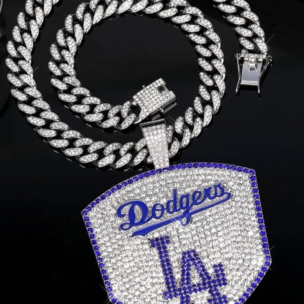 Iced Out Cuban Chain Rhinestone Large Pendant Necklace LA DODGERS MENS 20” Chain - Picture 2 of 4